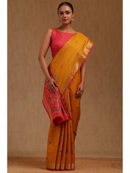 Soch - Womens Mustard Silk Blend Woven Design Saree with Unstitched Blouse