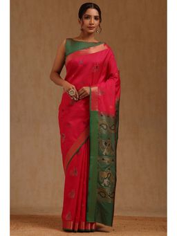Soch - Womens Fuchsia Silk Blend Woven Design Saree with Unstitched Blouse