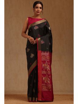 Soch - Womens Black Silk Blend Woven Design Saree with Unstitched Blouse