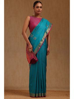Soch - Womens Turquoise Blue Silk Blend Woven Design Saree with Unstitched Blouse