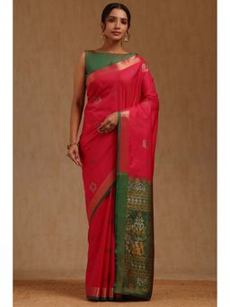 Soch - Womens Fuchsia Silk Blend Woven Design Saree with Unstitched Blouse