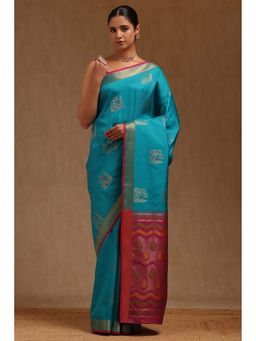 Soch - Womens Turquoise Blue Silk Zari Woven Saree with Unstitched Blouse