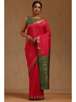 Soch - Womens Fuchsia Silk Blend Zari Woven Saree with Unstitched Blouse