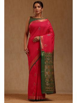 Soch - Womens Fuchsia Silk Blend Zari Woven Saree with Unstitched Blouse