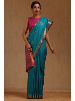 Soch - Womens Turquoise Blue Silk Blend Woven Design Saree with Unstitched Blouse