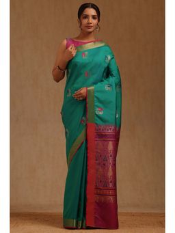 Soch - Womens Green Silk Blend Woven Design Saree with Unstitched Blouse