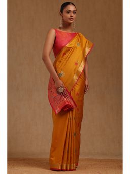 Soch - Womens Mustard Silk Blend Woven Design Saree with Unstitched Blouse