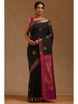 Soch - Womens Black Silk Blend Woven Design Saree with Unstitched Blouse