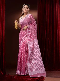 CHARUKRITI - Crepe Pink Silk Cotton Handwoven Jamdani Saree with Woven Designs and Motifs