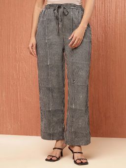 Fabindia - Black Rayon Blend Dabu Stripes Printed Regular Casual Pant