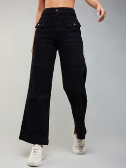 DOLCE CRUDO - Womens Black Solid Flared High Waist Jeans