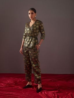 Abhishti - Metallic Black Banarasi Zari Wrap Top With Dori Tie Up