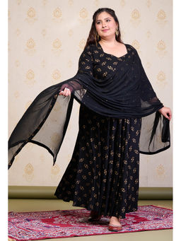 Desi Noor - Plus Size Black Gold Printed Anarkali with Dupatta (Set of 2)