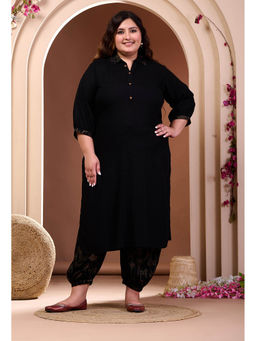 Desi Noor - Plus Size Rayon Black Solid Kurta with Harem Pants (Set of 2)