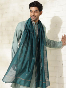 Fabindia - Teal Cotton Silk Blend Jamdani Men Stole