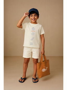 Tales & Stories - Boys Off White Cotton Embroidered Half Sleeve T-Shirt