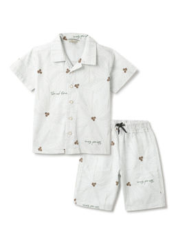 Tales & Stories - Boys Cotton Off White Half Sleeve Printed Shirt with Shorts