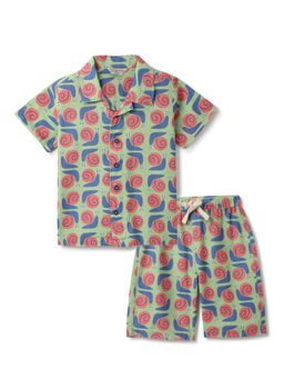 Tales & Stories - Boys Green Half Sleeve Printed Shirt with Shorts