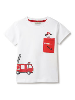 Tales & Stories - Boys White Cotton Printed Half Sleeve T-Shirt