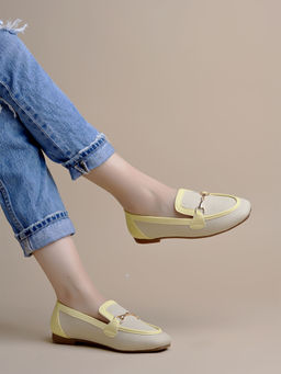 Shoetopia - Buckle Detailed Cream Loafers for Women