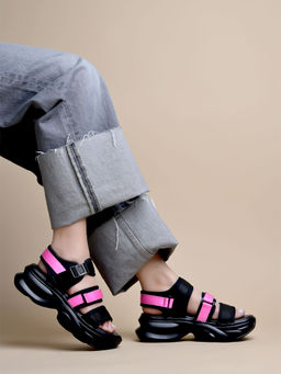 Shoetopia - Smart Casual Black and Pink Sandals for Women
