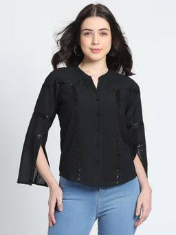 SHAYE - Band Collar Black Solid Long Sleeves Party Shirt