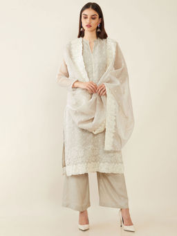 Soch - Grey Machine Embroidery Organza Unstitched Dress Material - 3 Meter Kurta Fabric