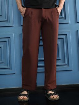 Campus Sutra - Men Chestnut Brown Ribbed Straight Fit Trouser