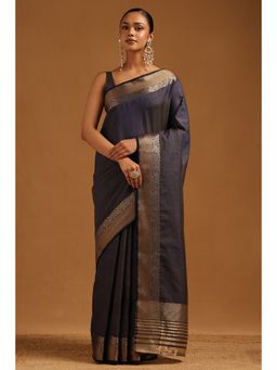 Soch - Women Navy Blue Art Silk Zari Woven Border Saree with Unstitched Blouse