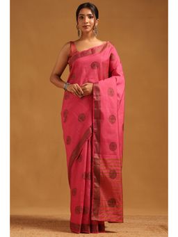 Soch - Women Fuchsia Pink Art Silk Woven Design Saree with Unstitched Blouse