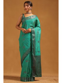 Soch - Women Teal Art Silk Woven Design Saree with Unstitched Blouse