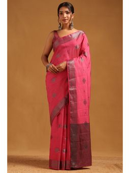 Soch - Women Fuchsia Pink Art Silk Woven Design Saree with Unstitched Blouse