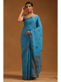 Soch - Women Blue Art Silk Handloom Woven Design Saree with Unstitched Blouse