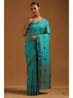 Soch - Women Teal Art Silk Woven Design Saree with Unstitched Blouse