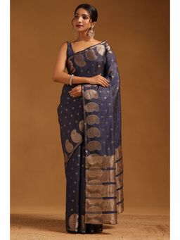 Soch - Women Navy Blue Art Silk Zari Woven Saree with Unstitched Blouse