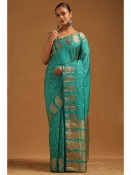 Soch - Women Teal Art Silk Zari Woven Saree with Unstitched Blouse
