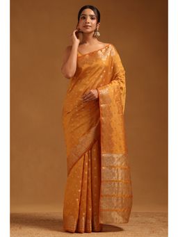 Soch - Women Mustard Art Silk Floral Zari Woven Saree with Unstitched Blouse