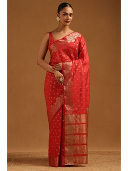 Soch - Women Red Art Silk Floral Zari Woven Saree with Unstitched Blouse