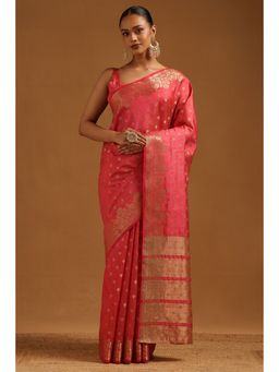 Soch - Women Blush Pink Art Silk Floral Zari Woven Saree with Unstitched Blouse