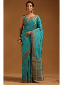 Soch - Women Blue Art Silk Bird Motifs Zari Woven Saree with Unstitched Blouse