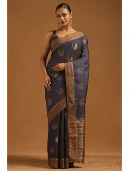 Soch - Women Navy Blue Art Silk Bird Motifs Zari Woven Saree with Unstitched Blouse