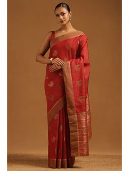 Soch - Women Maroon Art Silk Bird Motifs Zari Woven Saree with Unstitched Blouse