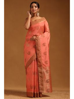 Soch - Women Peach Art Silk Bird Motifs Zari Woven Saree with Unstitched Blouse