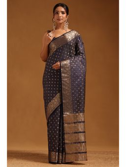 Soch - Women Navy Blue Art Silk Floral Woven Saree with Unstitched Blouse