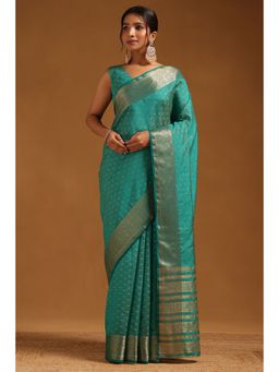 Soch - Women Teal Art Silk Zari Woven Saree with Unstitched Blouse