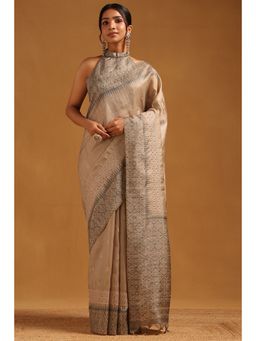 Soch - Women Grey Tussar Floral Embroidered Saree with Unstitched Blouse