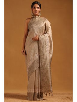 Soch - Women Beige Tussar Embroidered Printed Saree with Unstitched Blouse