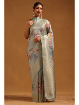 Soch - Women Powder Blue Dola Silk Floral Zari Woven Saree with Unstitched Blouse