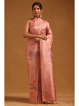 Soch - Women Onion Pink Dola Silk Floral Zari Woven Saree with Unstitched Blouse