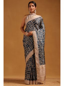Soch - Women Navy Blue Tussar Printed Tassels Saree with Unstitched Blouse